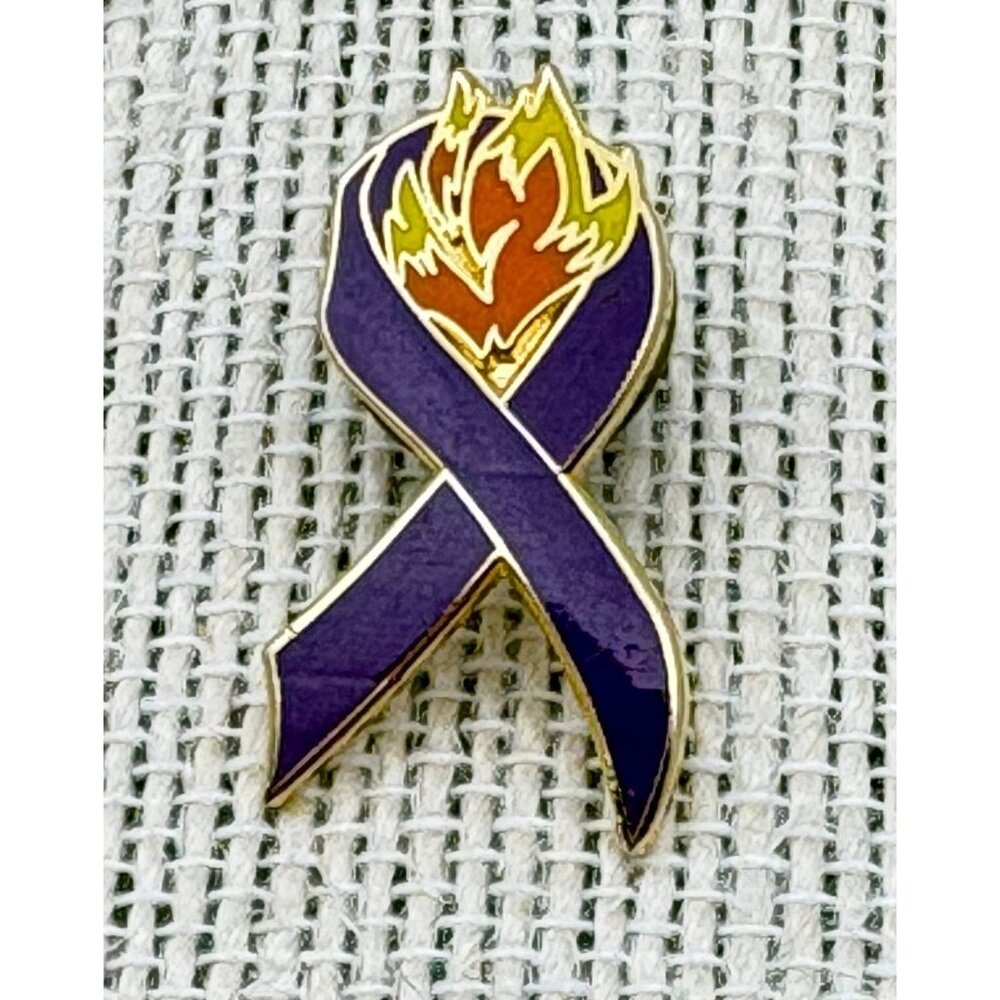 Wildland Firefighter Foundation Enamle Pin Purple Ribbon with Flames Lapel Hat - Picture 6 of 7